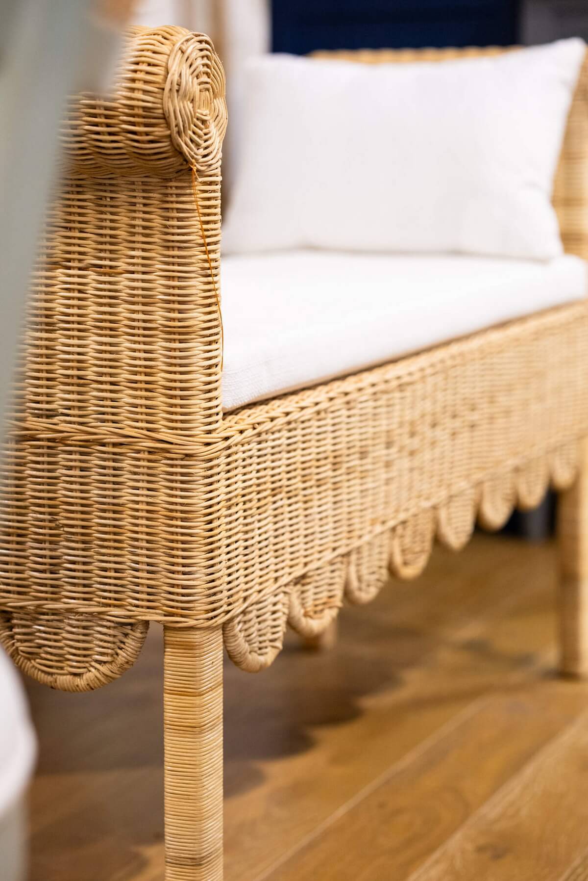 Newport Scalloped Bench in Rattan Natural w/ Arctic White Performance Fabric