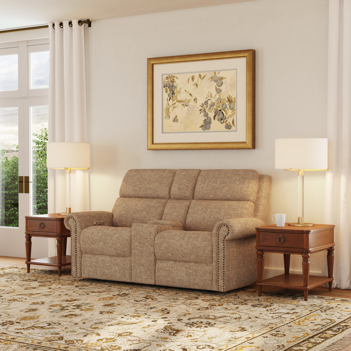 Bernard Fabric Power Reclining Loveseat with Console, Power Headrest, & Lumbar