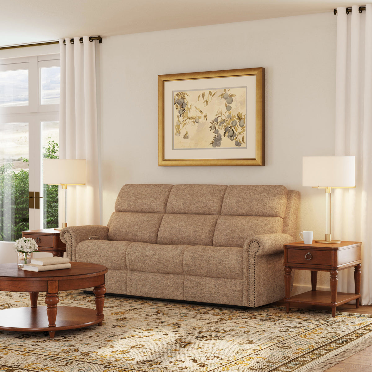 Bernard Fabric Power Reclining Sofa with Console, Power Headrest, & Lumbar