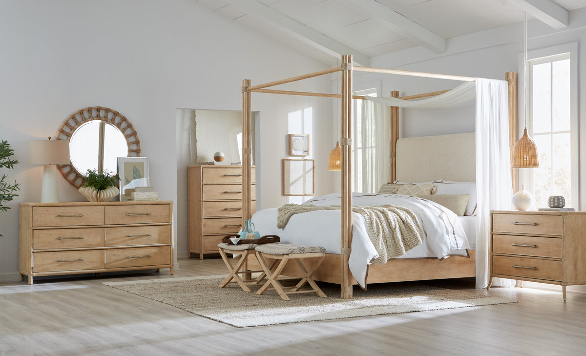 Retreat Pole Rattan Cal King Upholstered Poster Bed withCanopy