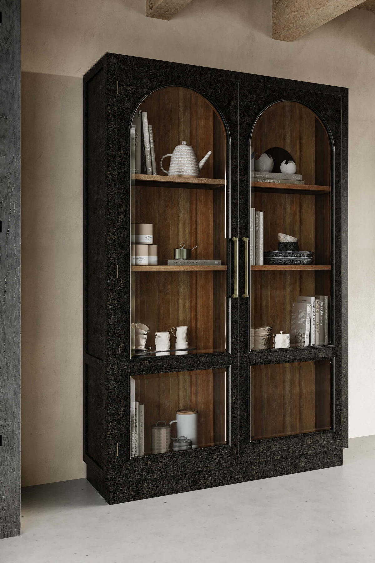 Vannes 2 Door Display Cabinet w/ Glass Shelves in Vintage Black w/ Straw Wash Interior
